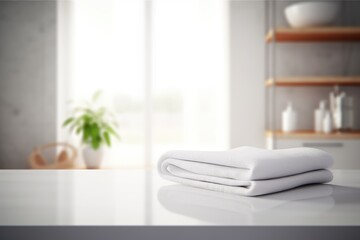 Fototapeta na wymiar Stack of white towels on wooden table in modern kitchen