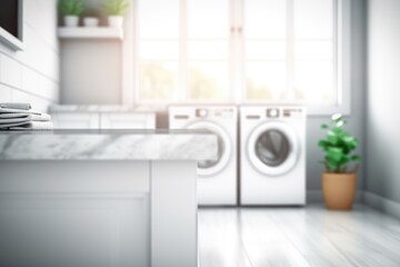 Laundry room interior with white marble floor and washing machine