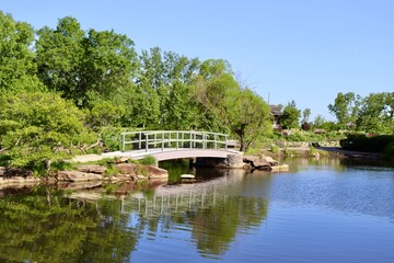 Fototapeta premium The old wood bridge in the park on a sunny day.