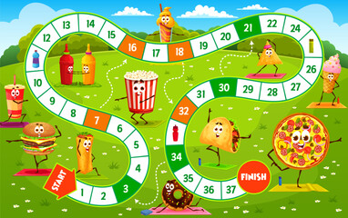 Kids board step game, cartoon fast food yoga characters, vector worksheet quiz. Pizza, cheeseburger and popcorn with donut and burrito or enchilada, funny fast food in start and finish dice race game