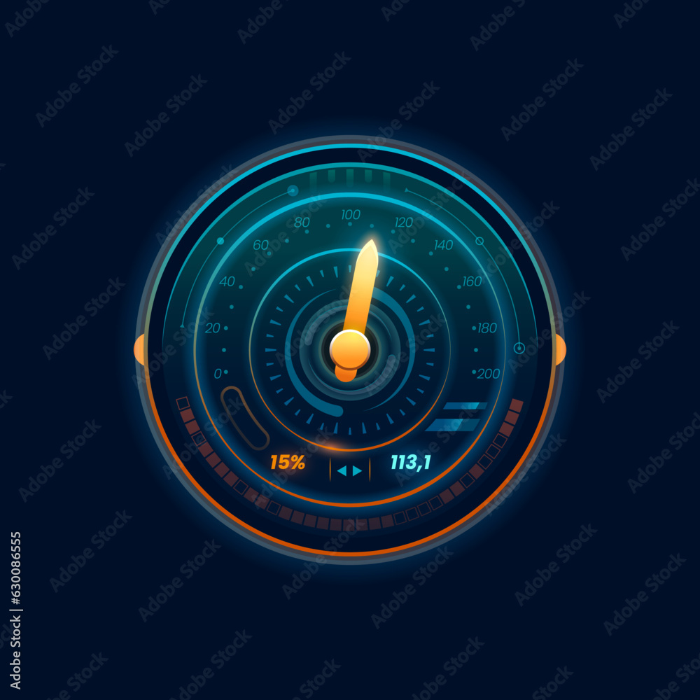 Aufkleber Speedometer neon dial, car speed gauge dashboard, futuristic counter with clear markings and smooth rotation. Isolated realistic vector sensor panel with arrow scale of level gasoline, measuring board
