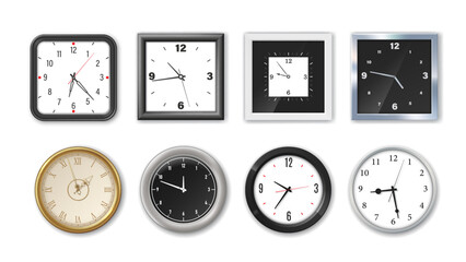 Watch face, realistic isolated wall clockwise with numerals and arrows. Isolated modern white and black, round and square 3d vector mockup. Front part of timepieces that displays the time