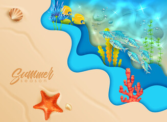 Fototapeta na wymiar Sea waves paper cut banner with sand and fish shoals between seaweeds. Summer season vacation background. 3d vector papercut beach with golden sand and clear water edge with underwater life top view