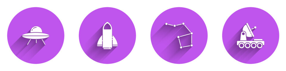 Set UFO flying spaceship, Rocket, Great Bear constellation and Mars rover icon with long shadow. Vector