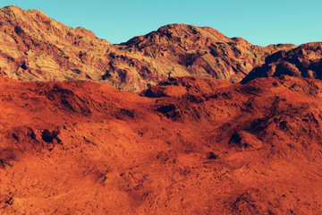Foto op Canvas Fictional Mars landscape and terrain. Planet scenery. Sci-fi. Science-fiction. Graphic design and art. Wallpaper and background. © Jozsef