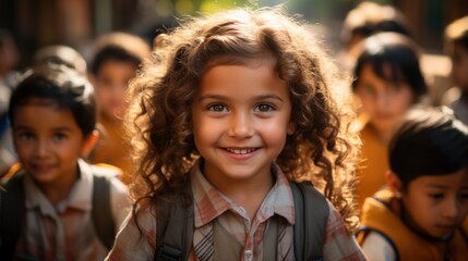 Fototapeta premium School children. Smiling children looking at the camera with friends in the background. Indian children.