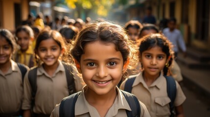 Obraz premium School children. Smiling children looking at the camera with friends in the background. Indian children.