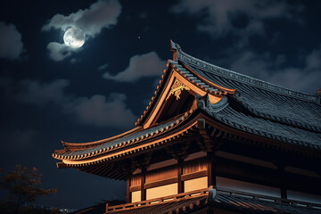 Naklejka premium Traditional Japanese Temple top at night with a full moon as background 