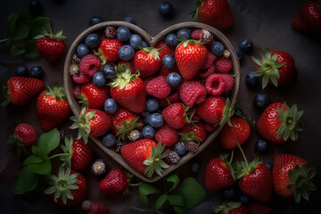 Fresh ripe red and blue sweet delicious appetizing berries, raspberries, blueberries, strawberries in a heart shaped basket on a black background, fruit background for advertising and packaging design