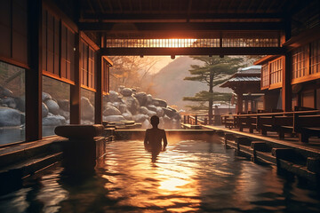 Obraz premium a person enjoying Onsen , a japanese hot spring in a traditional Japanese hotel ,Ryokan 