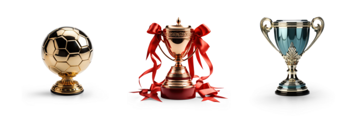 transparent png background cutouts of cup trophies and soccer football award collection Set in different styles and colors for sport winning achievements and leadership success concepts