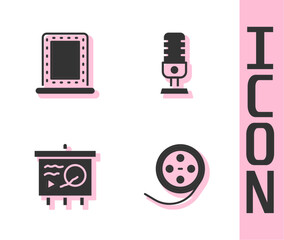 Set Film reel, Makeup mirror with lights, Scenario on chalkboard and Microphone icon. Vector