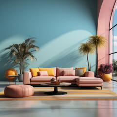 Interior design, bright living room with pink sofa and palm trees. AI generative.
