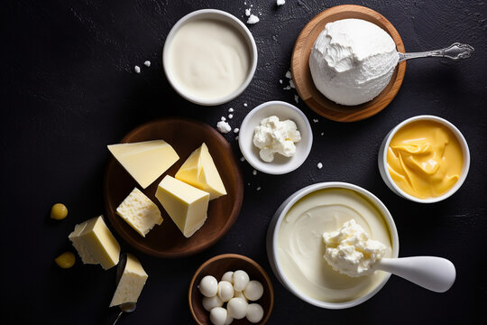 Different fresh delicious dairy products, cheese, butter, milk, cream, yogurt, top view photo on a black background, flatley