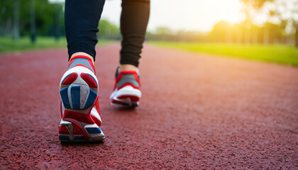 Fototapeta na wymiar closeup view of sports running man or women with sunrise lights lifestyles photo