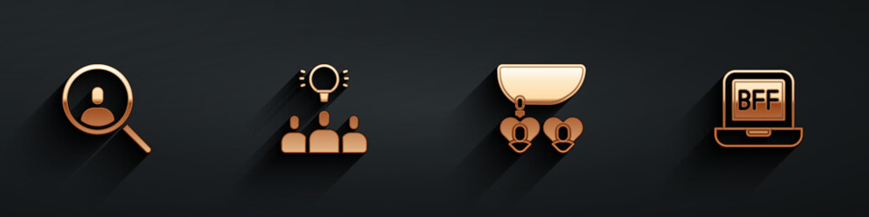 Set Magnifying glass for search, Project team base, Necklace with heart shaped and BFF best friends forever icon with long shadow. Vector