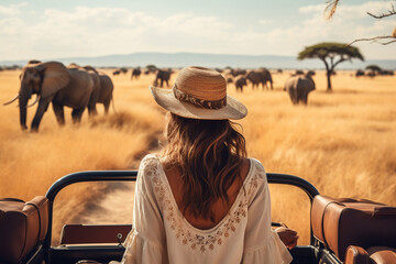 woman standing in a safari vehicle tourist elephant in the savanna travel summer - obrazy, fototapety, plakaty