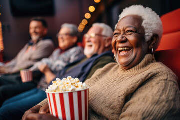 Portrait of active seniors sitting on chairs in cinema with popcorn.