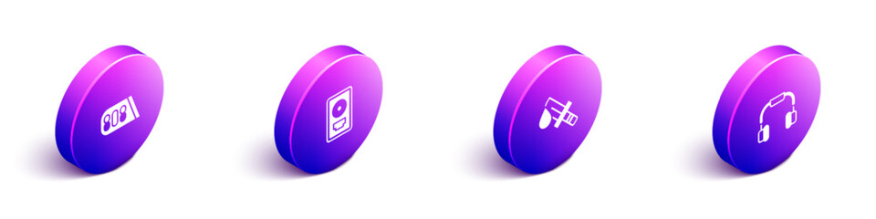 Set Isometric Drum machine music, CD disk award frame, Bloody knife and Headphones icon. Vector