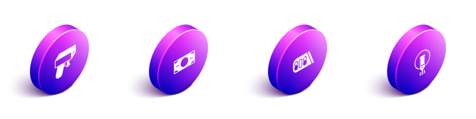 Set Isometric Money gun, Stacks paper money cash, Drum machine music and Microphone icon. Vector