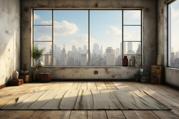 Empty room with windows overlooking the city, in the style of photo-realistic landscapes, rug, light bronze and gray, Japanese urban style. Created with Generative AI Technology.  