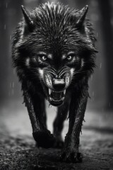 A large black wolf snarling in the rain. Generative AI