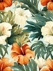 watercolor illustration of tropical leaves and hibiscus patterns. Generative AI