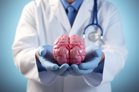 Health care, medicine, human anatomy concept. Doctor with blue suit holding human brains mockup in hands. Generative AI