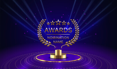 Awards nomination name podium, golden prize event, scene star ceremony. Vector illustration