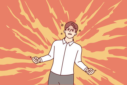 Angry businessman clenching fists standing in flames and feeling hatred and aggression. Angry male manager suffering from anger due to slowness of colleagues or mistakes of subordinates