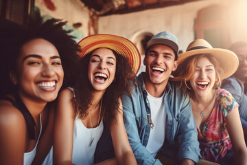 Lifestyle and friendship concept. Multi ethnic guys and girls spending time together. Happy life style friendship concept on young multicultural people having fun day together in city. Generative AI