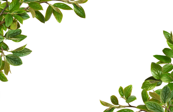 Twigs with green leaves in a floral corner arrangements isolated on white or transparent background