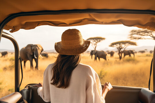 Fototapeta woman standing in a safari vehicle tourist elephant in the savanna travel summer