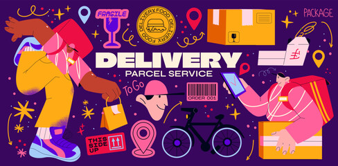 Cartoon stickets,characters fast delivery service. Couriers deliveries of food and parcels on bike, e-commerce concept. Online pizza delivery order	