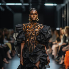 Black fashion model on a catwalk. Generative AI.