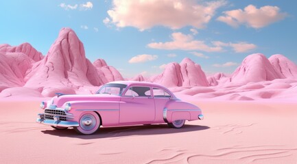 Classic pink car in pink style - obrazy, fototapety, plakaty