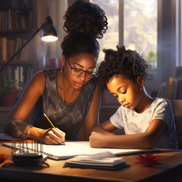 Black mother helping her son to do homework. Generative AI.