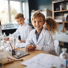 Fototapeta premium Children students in a school laboratory. Generative AI.