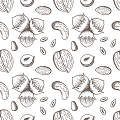 Vector seamless pattern with a variety of nuts in vintage style.