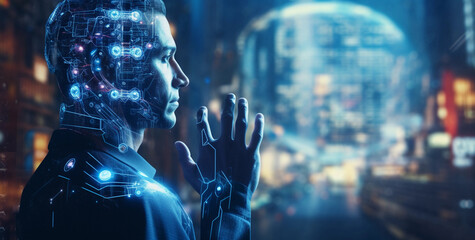 Man intently observes a lifelike AI in the form of a luminous human hologram. artificial intelligence, future of human-AI interaction, holographic technology (Generated with AI)