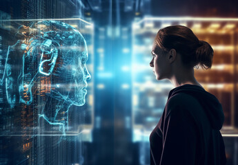 Woman intently observes a lifelike AI in the form of a luminous human hologram. artificial intelligence, future of human-AI interaction, holographic technology (Generated with AI)