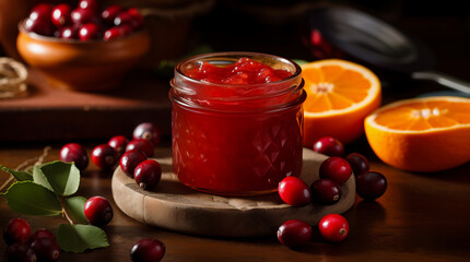 Cranberry Orange Jelly in a glass jar with sliced oranges and fresh berries in the background - Powered by Adobe