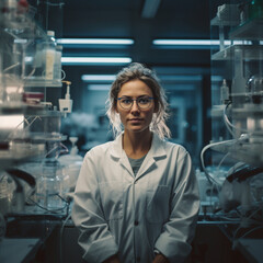 Scientist woman in a laboratory. Generative AI.