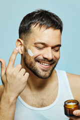 portrait beauty hygiene man care morning skin cosmetic cream moisturizer cosmetology facial...