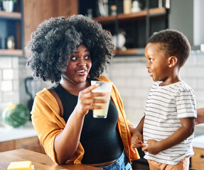 child family kitchen boy son mother father drink breakfast milk healthy drinking food eating glass home black african american father man together love cute childhood - Powered by Adobe