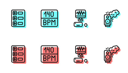 Set line Music recording studio, playlist, Bitrate and Stereo speaker icon. Vector