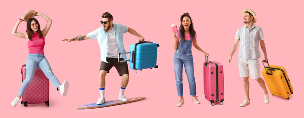 Set of happy people with packed suitcases on pink background