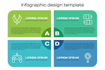 Set line Gamepad, Slingshot, Rattle baby toy and Battery. Business infographic template. Vector