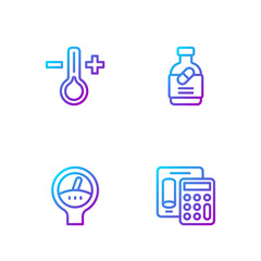 Set line Calculator, Gauge scale, Thermometer and Medicine bottle and pills. Gradient color icons. Vector