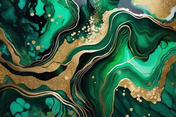 Green colorful alcohol ink Hand painted watercolor painting gold texture background.